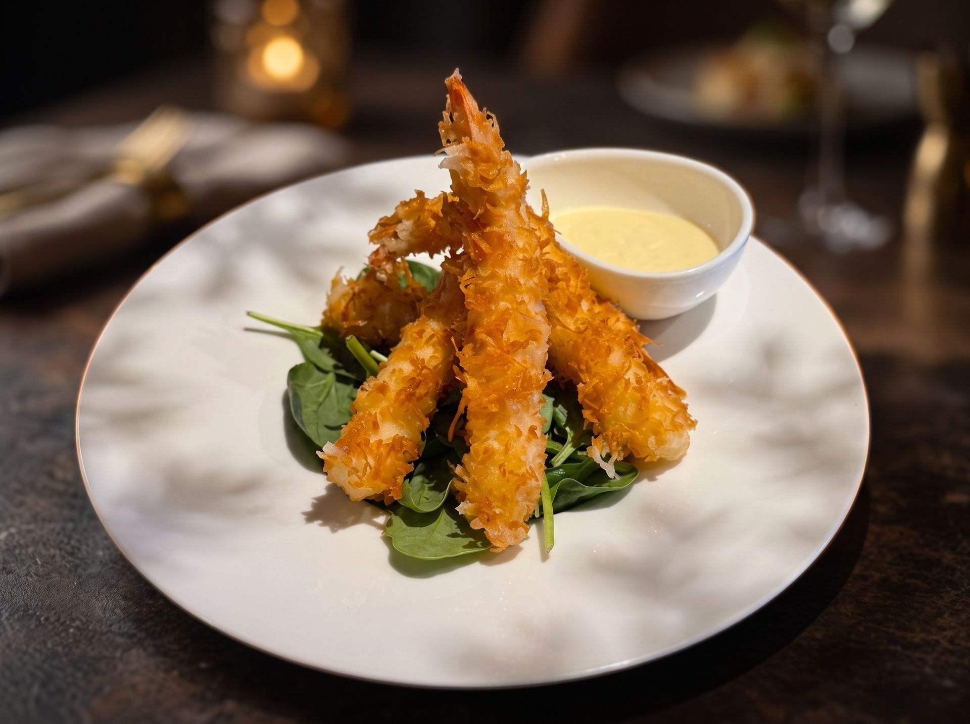 Breaded shrimp on a white plate with greens and dipping sauce in a dimly lit restaurant