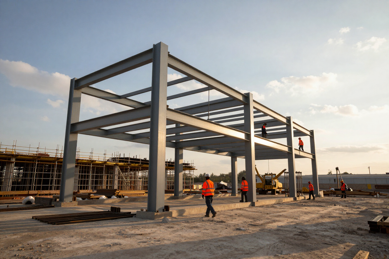 Sitio de construcción al atardecer con estructura de acero