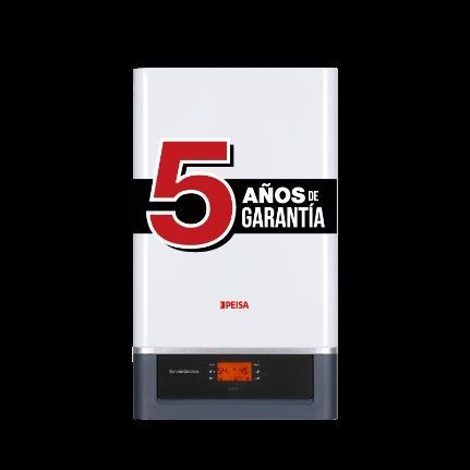 Caldera de gas color blanco y gris con garantía de 5 años gráfica en español.