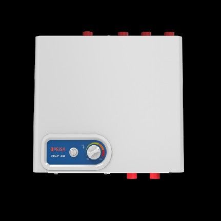 Calentador de agua de pared blanco con conexiones rojas y azules. El panel de control incluye diales azules y blancos.