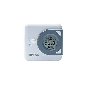 Termostato PEISA blanco con pantalla digital que muestra 20,0 grados Celsius.