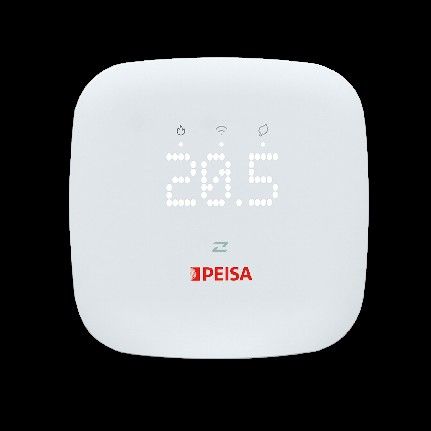 Termostato inteligente PEISA blanco que muestra 20,5 grados. Los iconos sobre el número indican agua, wifi y calefacción.