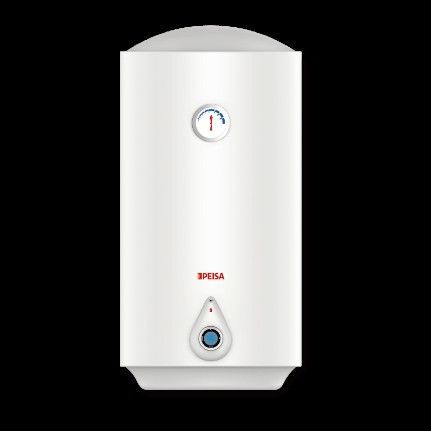 Calentador de agua blanco con indicador de temperatura y perilla de control.