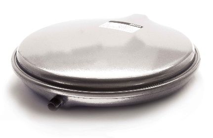 Componente metálico plateado, circular, con la parte superior elevada, posiblemente una tapa de recipiente a presión.