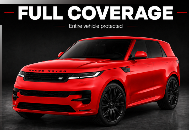 Red SUV with tinted windows and text “FULL COVERAGE” and “Entire vehicle protected” on a dark background