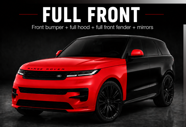 Red-and-black SUV front-end custom body kit render with “FULL FRONT” text on a dark background