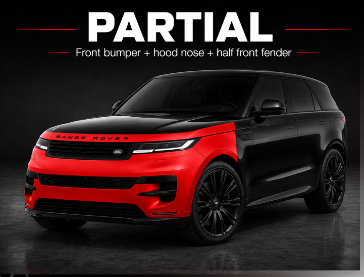 Partially red-and-black SUV with front bumper, hood, and half front fender highlighted on dark background