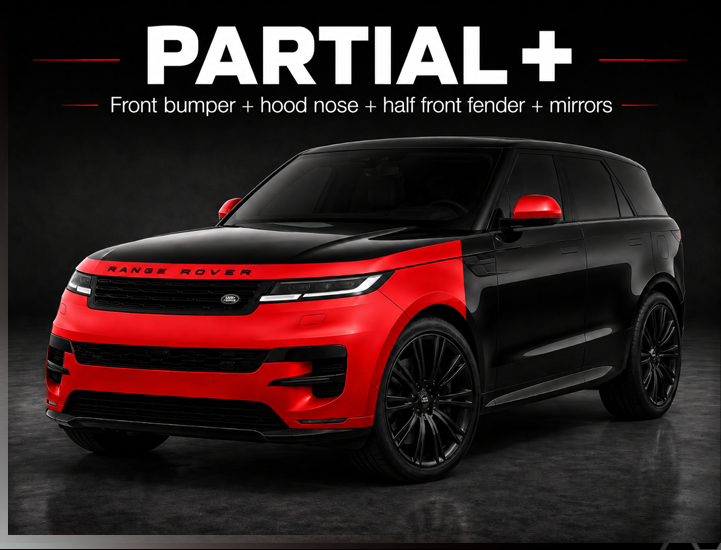 Red-and-black SUV with “PARTIAL+” text, showing front bumper, hood, left front fender, and mirrors