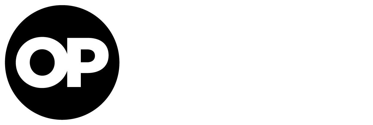 Black circle logo with white “OP” letters