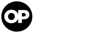 Black circle logo with white “OP” letters