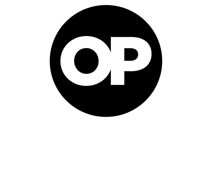 Black circle logo with white “OP” letters