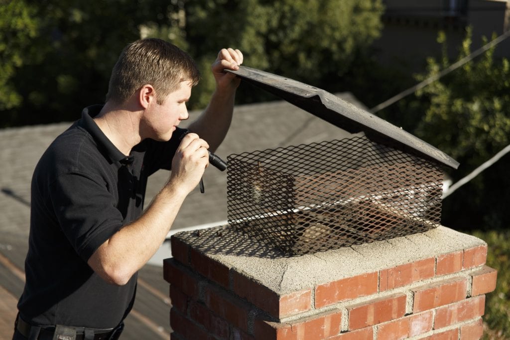 Chimney technician inspecting chimney from the top