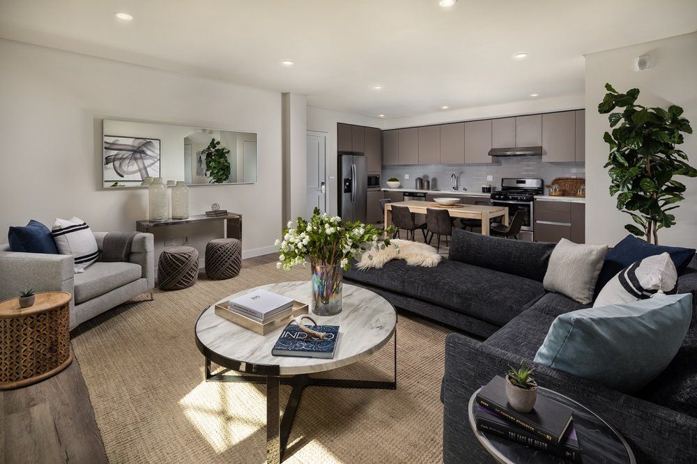 Modern apartment living room with large windows and natural light By Stoneridge Management Partners