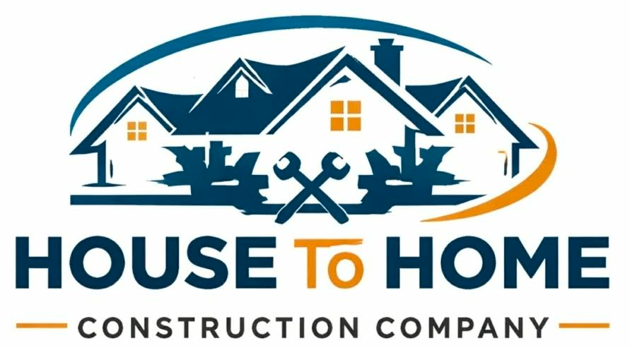House To Home Construction Company logo with blue house, tools, and navy and orange text
