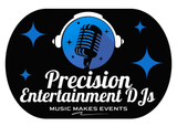 Logo for Precision Entertainment DJs with a microphone, headphones, and stars on a black background.