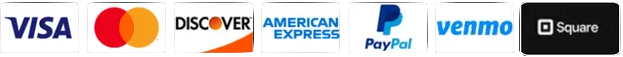 Logos for payment methods: Visa, Mastercard, Discover, American Express, PayPal, Venmo, and Square.