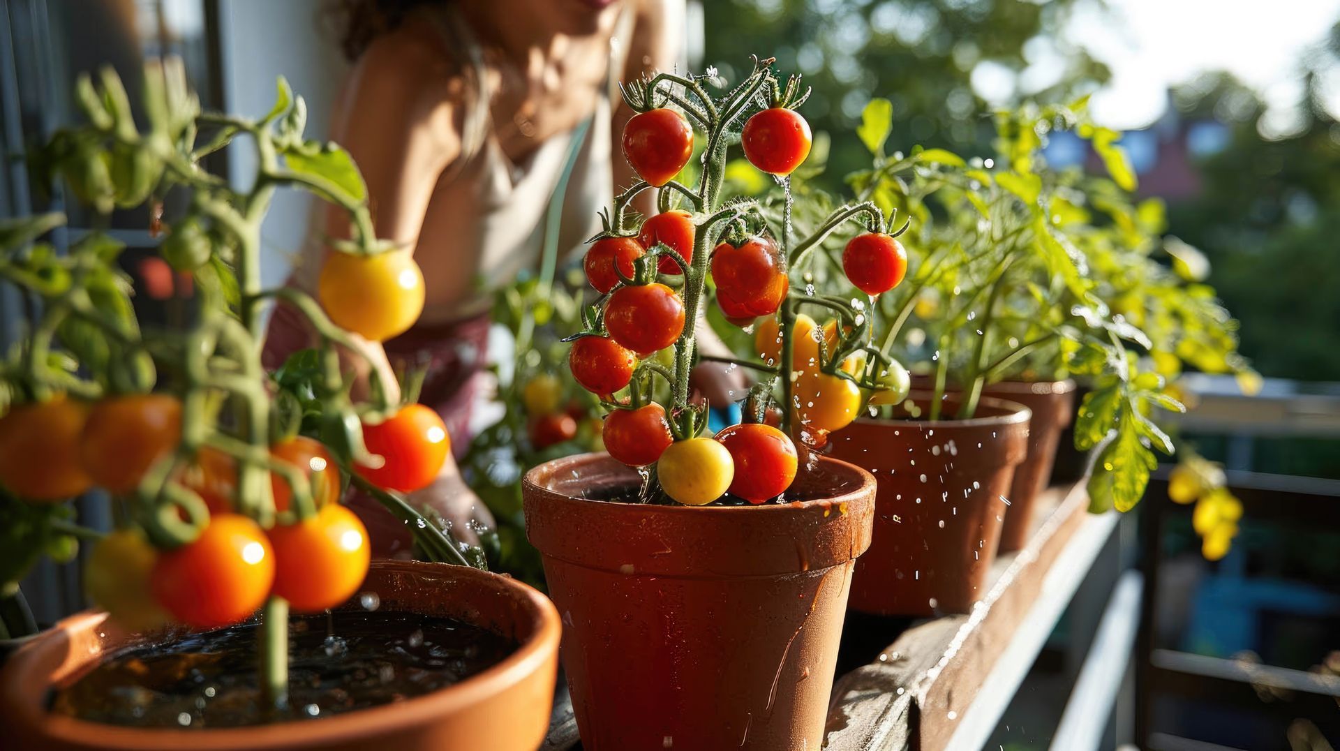 Eine Frau gießt Tomatenpflanzen in Töpfen auf einem Balkon.
