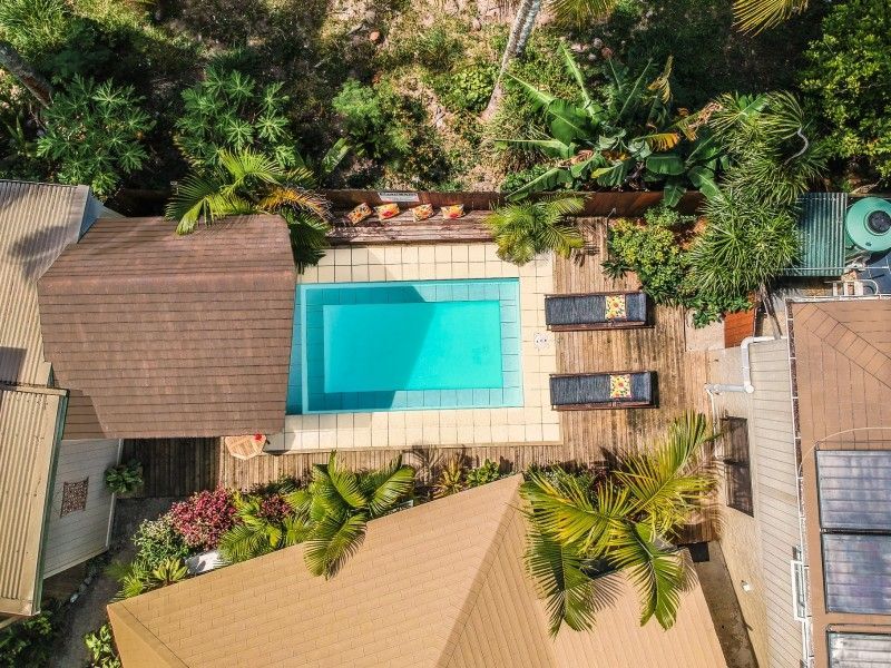 Aerial view of a turquoise swimming pool on a wooden deck surrounded by lush tropical vegetation and house roofs.