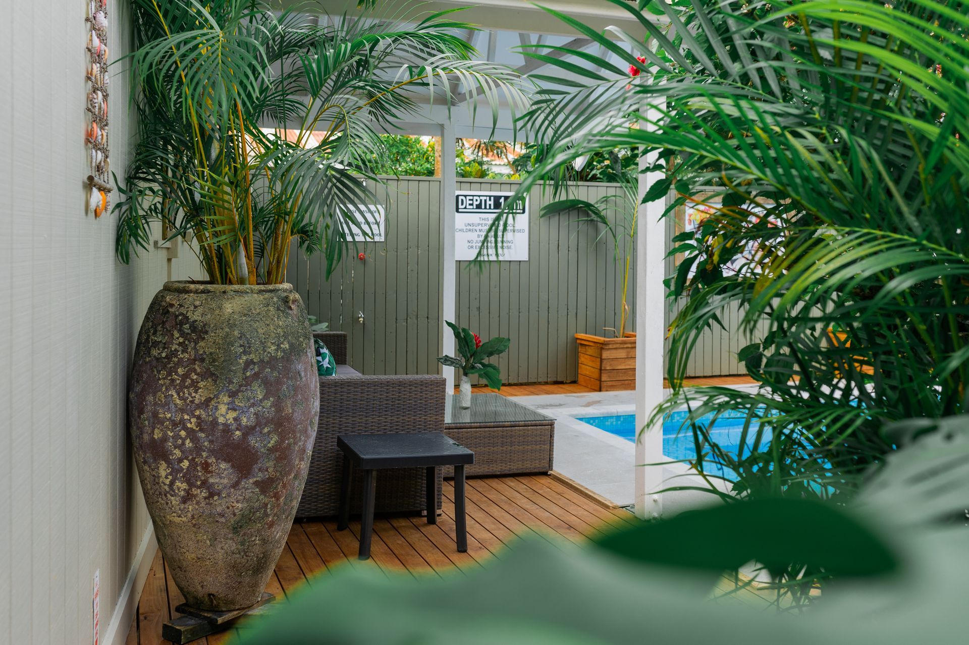 A poolside patio with a large decorative clay urn, palm plants, a wicker sofa, and a small table on a wooden deck.