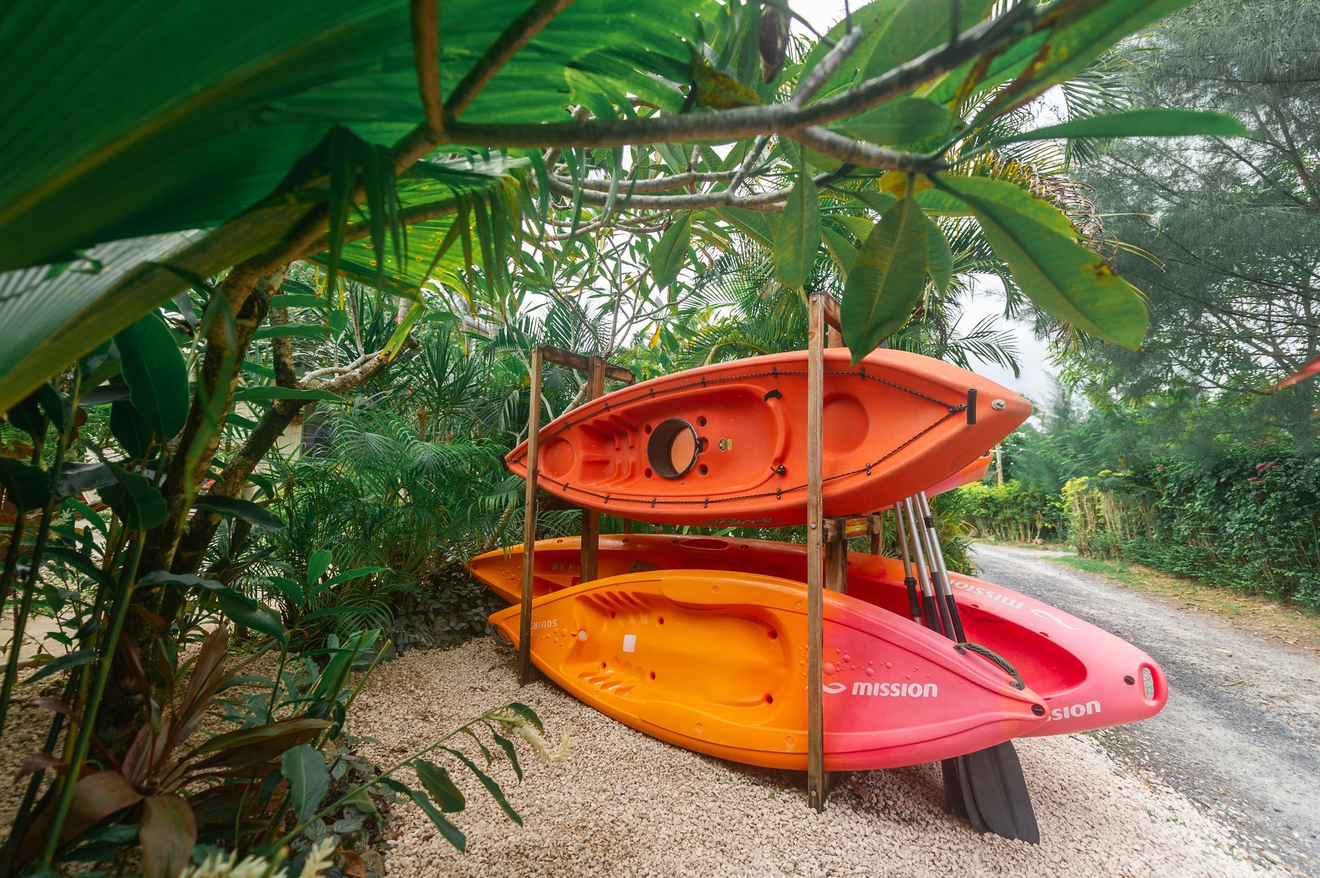 Two orange kayaks are stacked on a wooden rack outdoors, positioned on a gravel path near lush green trees and foliage.