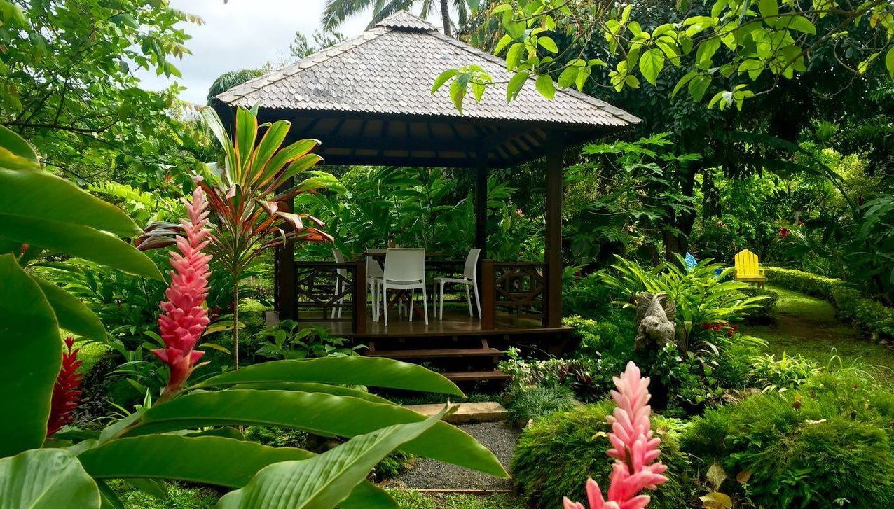 A wooden gazebo with a thatched roof sits in a lush garden, framed by pink ginger flowers and vibrant green foliage.