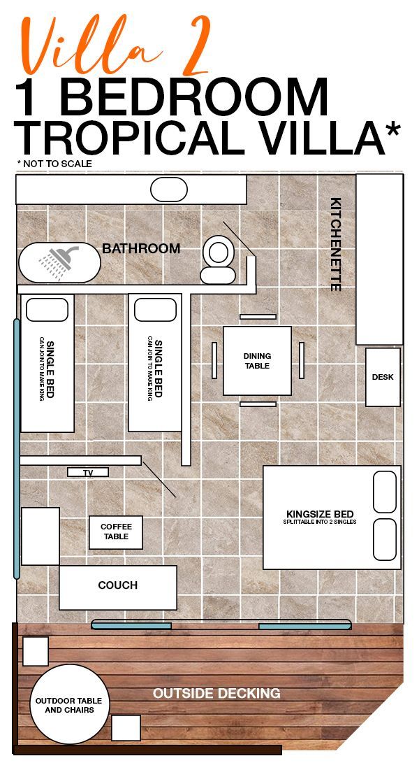 Floor plan for a 1-bedroom tropical villa, showing a bedroom, bathroom, kitchen, living area, and wooden outside decking.