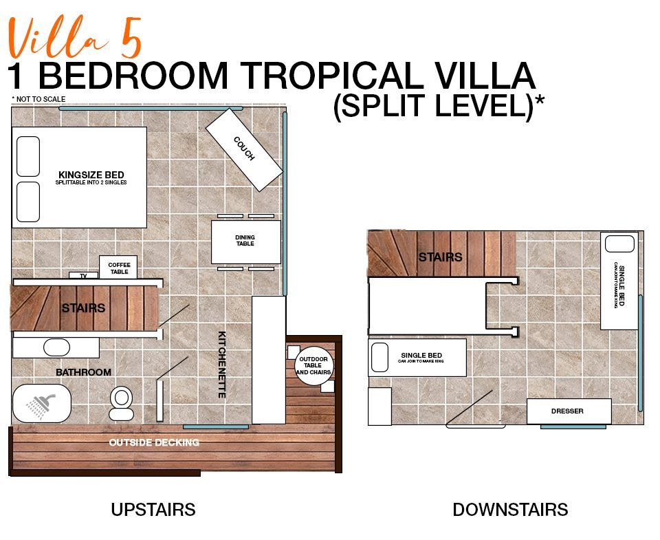 Floor plan for a split-level 1-bedroom tropical villa showing the upstairs bedroom and bathroom, and downstairs living area.