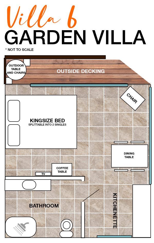 Floor plan of Villa 6, a garden villa showing a king bed, bathroom, kitchenette, dining area, and outside decking.