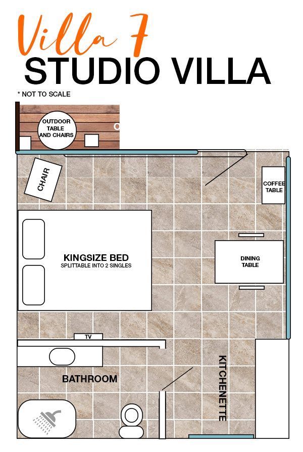 Floor plan of Villa 7 studio villa, showing a kingsize bed, bathroom, kitchenette, dining area, and outdoor space.