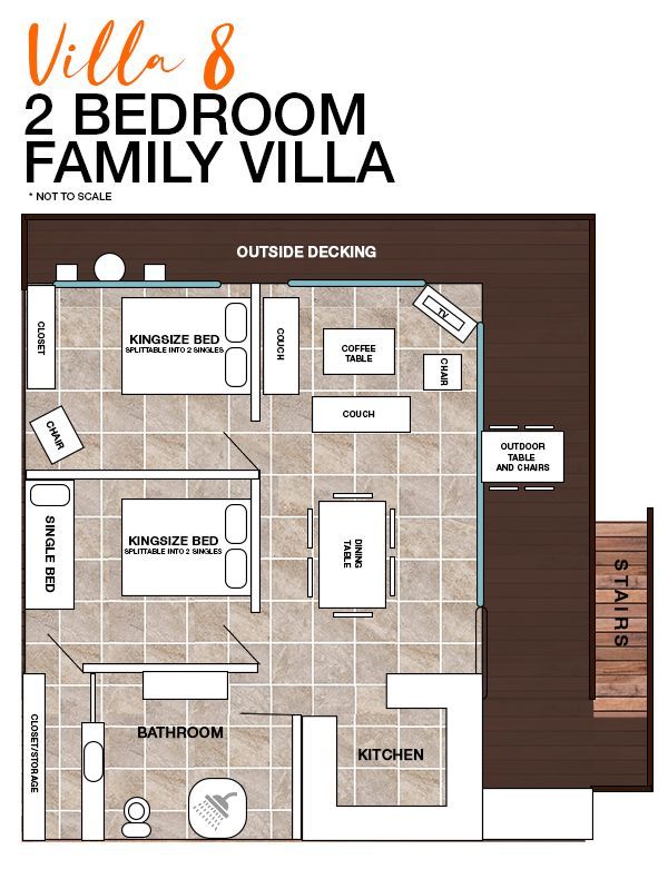 Floor plan for Villa 8, a 2-bedroom family villa featuring two bedrooms, a bathroom, kitchen, living area, and deck.