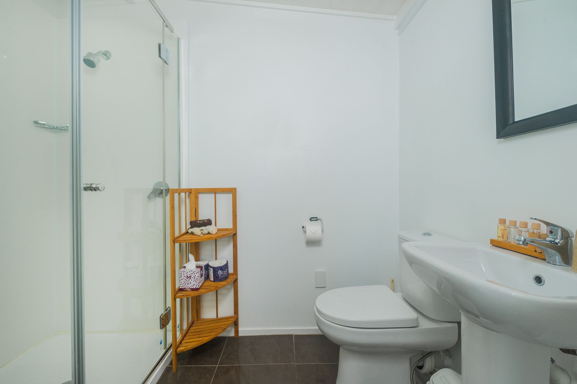 A modern bathroom with a glass-enclosed shower, a white toilet, a pedestal sink, and a wooden corner shelf.