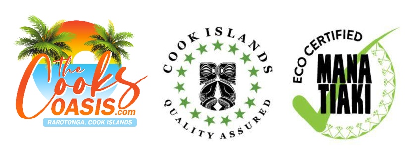 Logos for The Cooks Oasis, Cook Islands Quality Assured, and the Mana Tiaki Eco Certified program.