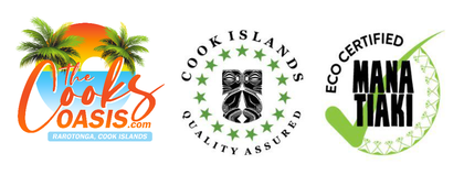 Logos for The Cooks Oasis, Cook Islands Quality Assured, and the Mana Tiaki Eco Certified program.