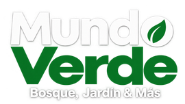 Logo de Mundo Verde con hojas verdes y el lema «Bosque, Jardín & Más»