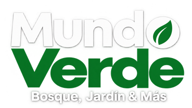 Logo de Mundo Verde con hojas verdes y el lema «Bosque, Jardín & Más»