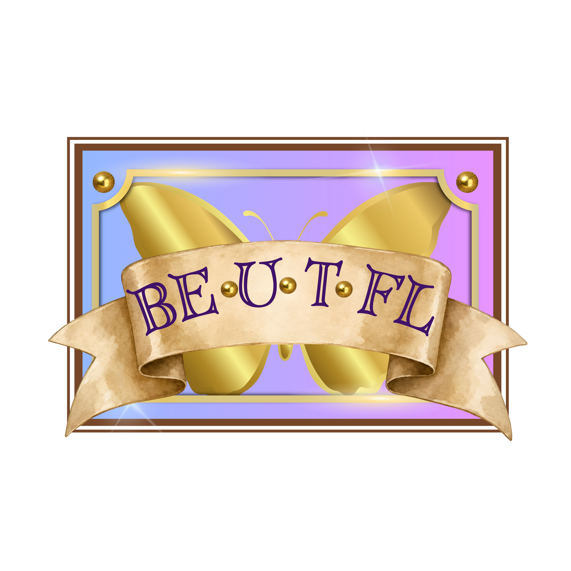 Gold ribbon banner with purple “BEAUTIFUL” text on a pink background