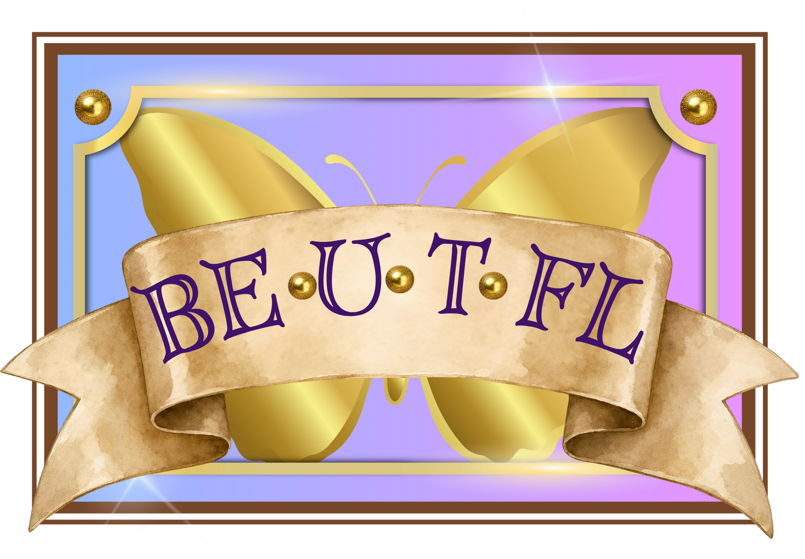 Gold ribbon with purple “BE U T F L” lettering on a pastel purple decorative frame