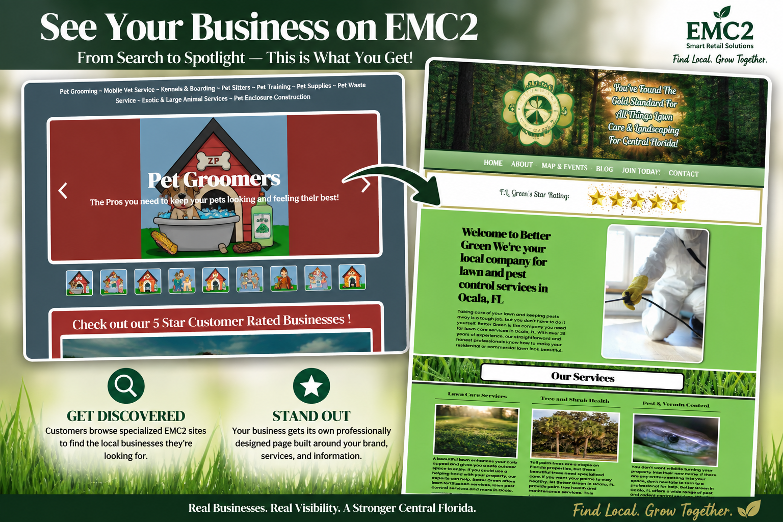 EMC2 website mockup with green layout, screenshots, and ad text promoting a pet grooming business