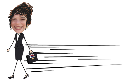Cartoon woman in a black suit walking briskly while carrying a briefcase, with motion lines behind her