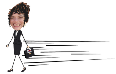Cartoon woman in a black suit walking briskly while carrying a briefcase, with motion lines behind her