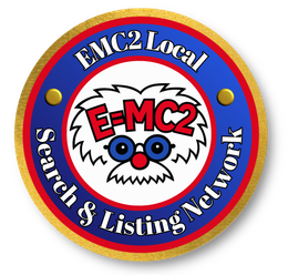 Cartoon face with wild white hair and red text reading “E=MC2” above blue glasses and a red nose
