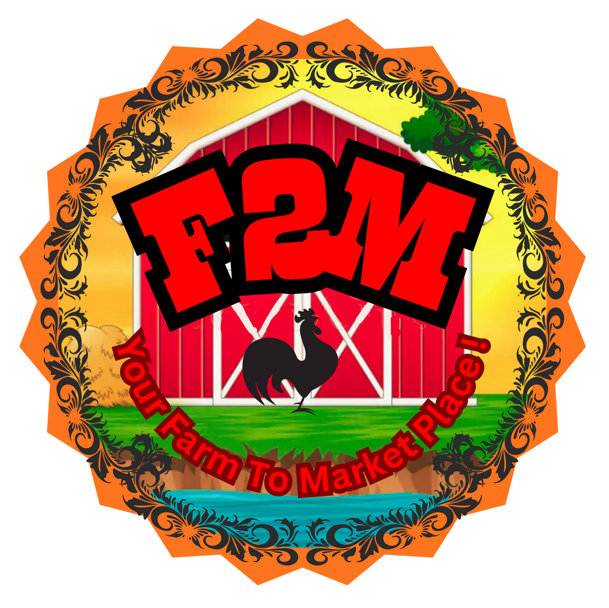 Logo with a red barn, rooster, text 