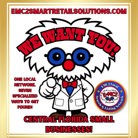 Proud Partner E=MC2 emblem with red starburst, blue ring, and cartoon face at center