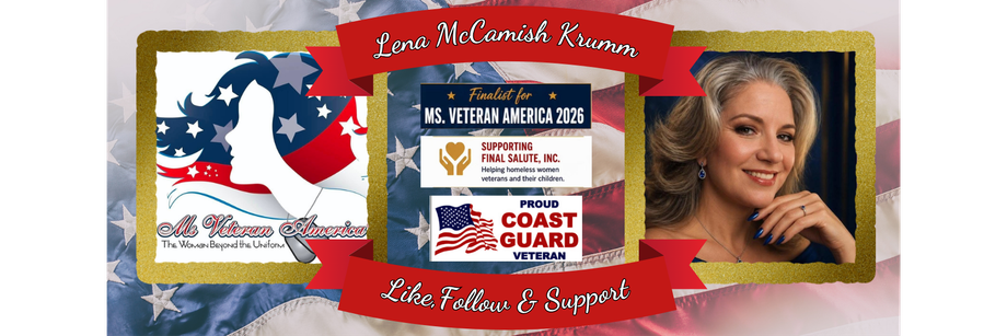 Campaign-style banner with American flag, Coast Guard emblem, and a woman portrait on a red-and-gold background