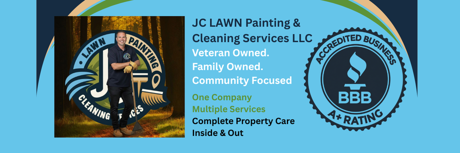 Blue business banner for JC Lawn Painting & Cleaning Services LLC with logo and BBB rating badge.