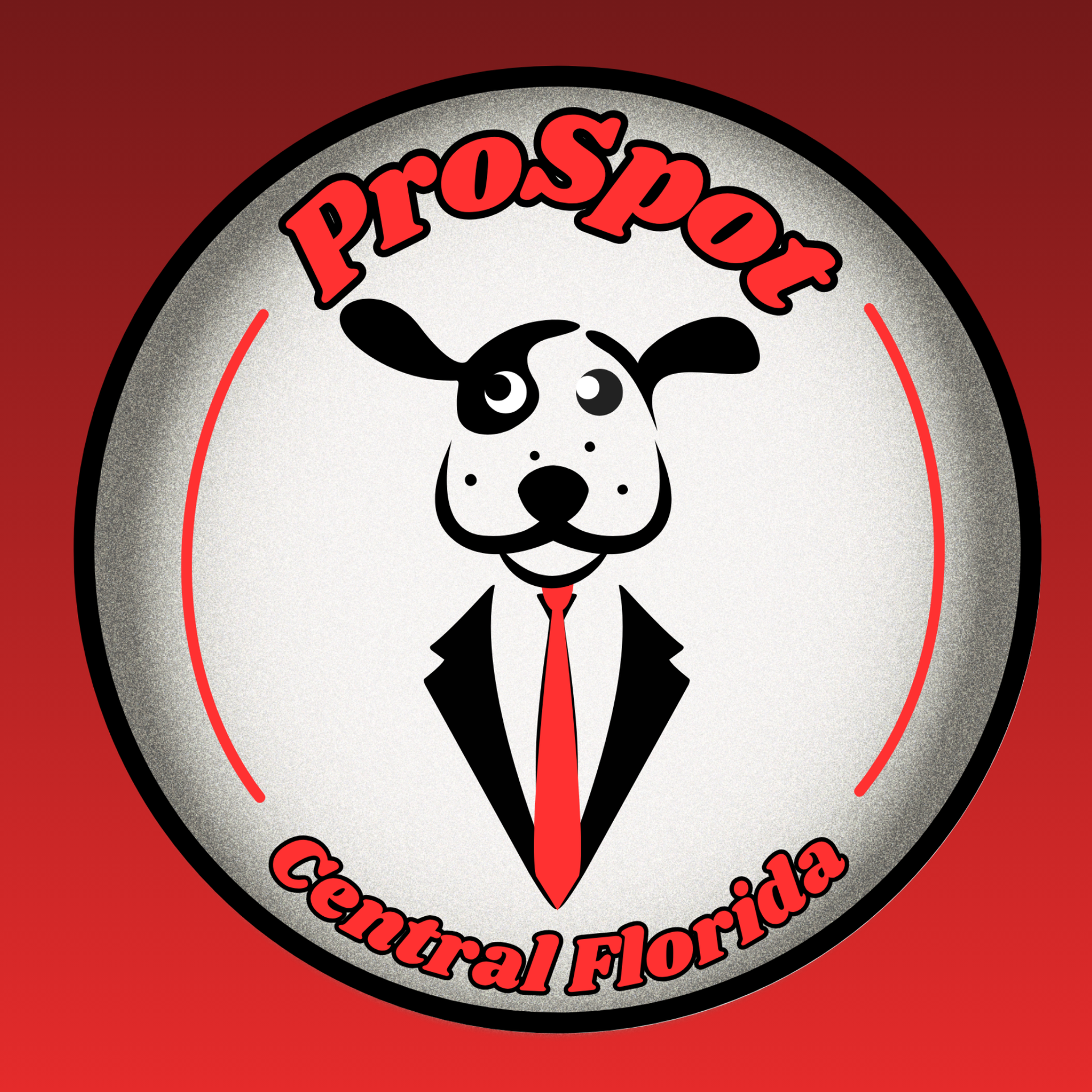 ProSpot Central Florida logo with a black-and-white dog in a red tie and suit on a circular gray background