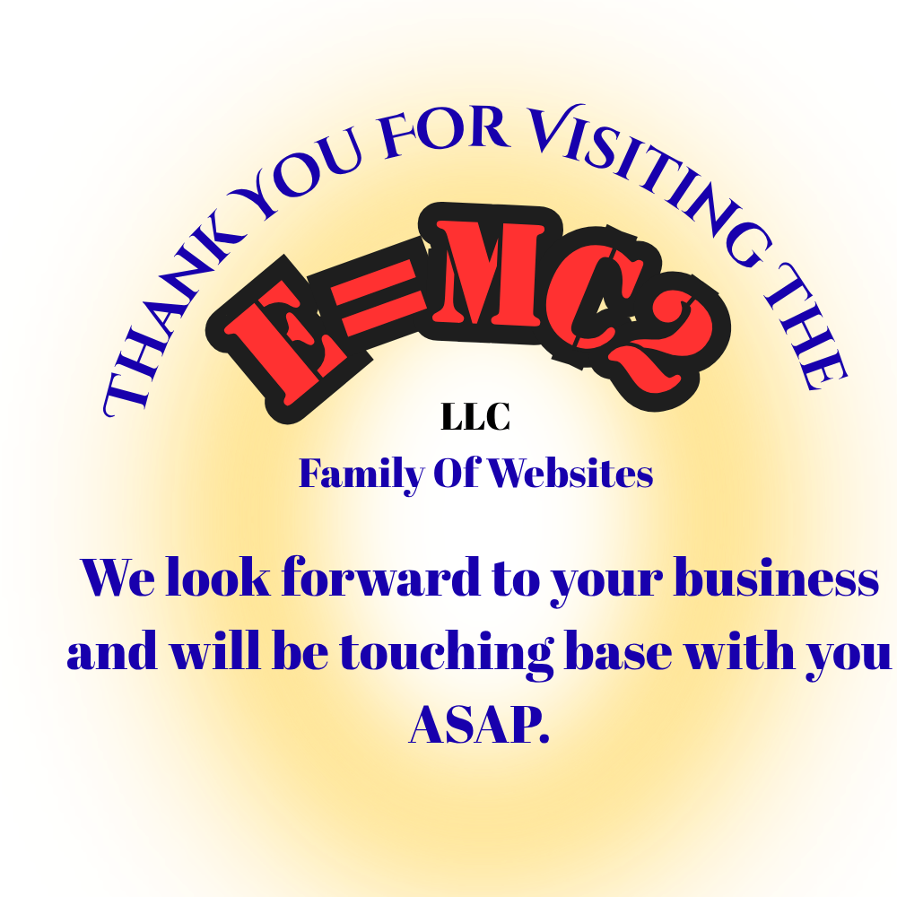 Logo for EMC2 LLC, a family of websites, with text thanking visitors and promising contact.