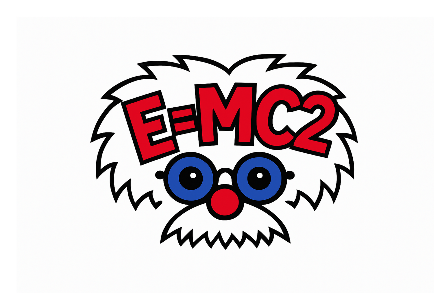 Cartoon face with wild white hair and red text reading “E=MC2” above blue glasses and a red nose