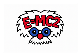 Cartoon face with wild white hair and red text reading “E=MC2” above blue glasses and a red nose