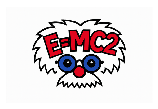 Cartoon face with wild white hair and red text reading “E=MC2” above blue glasses and a red nose